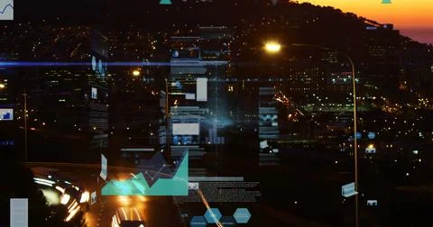 Image of statistical data processing against aerial view of city traffic at Stock Illustration