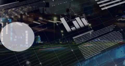 Image of statistical data processing against city traffic at night Stock Illustration