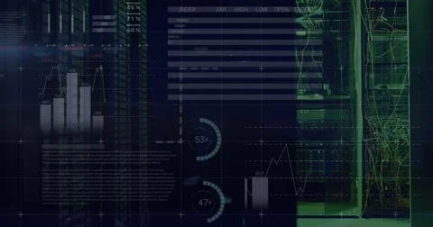 Image of statistical data processing against computer server room Stock-Illustration