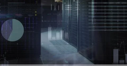 Image of statistical data processing against computer server room Stock Illustration