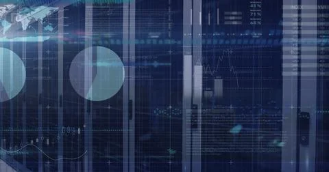 Image of statistical data processing against computer server room Stock-Illustration