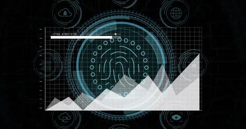 Image of statistical data processing against digital icons and biometric Illustrazione stock