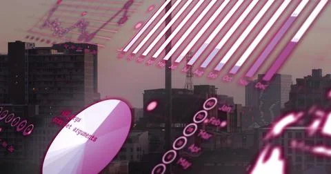 Image of statistical data processing against aerial view of cityscape Stockillustratie