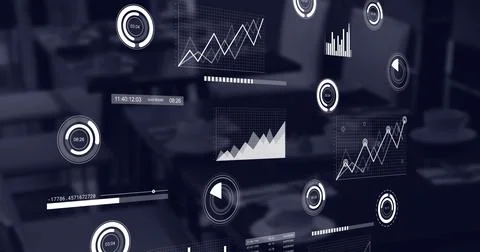 Image of statistical data processing against empty office 스톡 일러스트