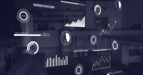 Image of statistical data processing against empty cafe at office Stock Illustration
