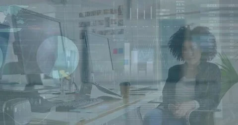 Image of statistical data processing against african american woman taking notes 스톡 일러스트