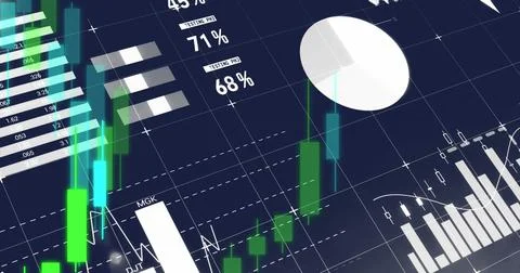 Image of statistical data processing against blue background 스톡 일러스트
