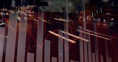 Image of statistical data processing against time-lapse of night city traffic Stockillustratie