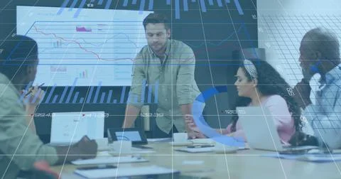 Image of statistical data processing against caucasian man discussing with Stock Illustration