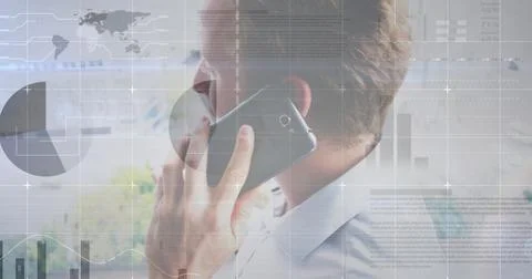 Image of statistical data processing against caucasian man talking on smartphone Stock Illustration