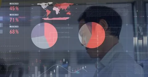 Image of statistical data processing against asian man talking on smartphone in Illustrazione stock
