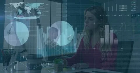 Image of statistical data processing against caucasian woman using computer at イラスト素材