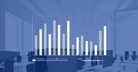 Image of statistical data processing against empty office Foto stock