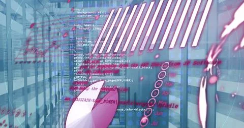Image of statistical data processing against light trails over computer server Stock Photos