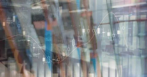 Image of statistical data processing against warehouse in background Stock Photos