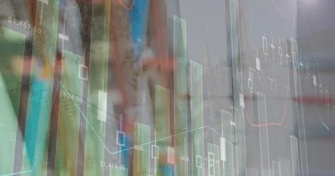 Image of statistical data processing against warehouse in background Stock Photos