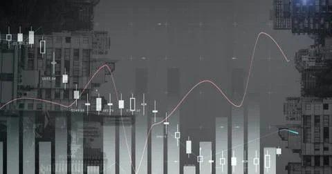 Image of statistical data processing against view of inverted tall buildings Stock Photos