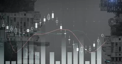 Image of statistical data processing against view of inverted tall buildings Stock Photos