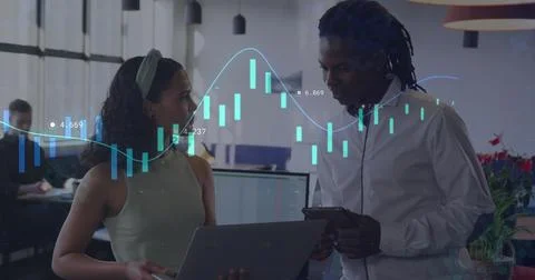 Image of statistical data processing against diverse man and woman discussi.. 스톡 사진
