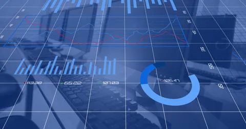 Image of statistical data processing against close up of desks at office 库存照片