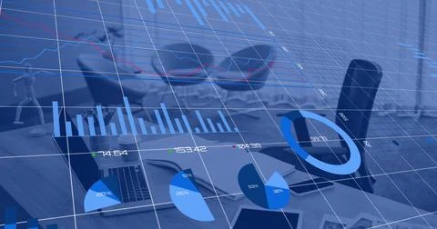Image of statistical data processing against close up of a desk at office Stock Photos