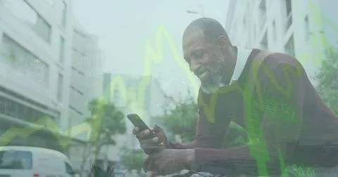 Image of statistical data processing against african american man using sma.. Stock Photos
