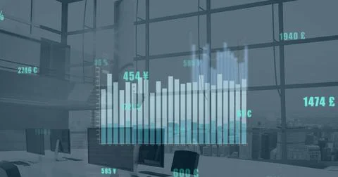 Image of statistical data processing against empty office Stock Photos