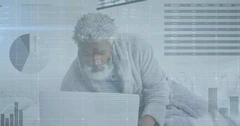 Image of statistical data processing against african american senior man using Stock Photos