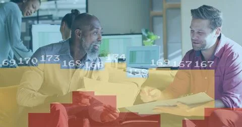 Image of statistical data processing against two diverse men discussing over 库存照片