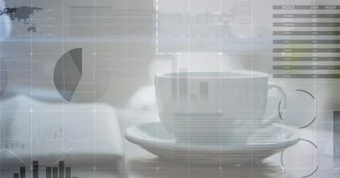 Image of statistical data processing against close up of a coffee cup on a Stock Photos