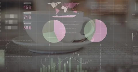 Image of statistical data processing against close up of a coffee cup on a Stock Photos