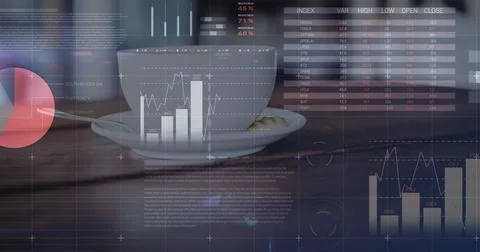 Image of statistical data processing against close up of a coffee cup on a Stock Photos