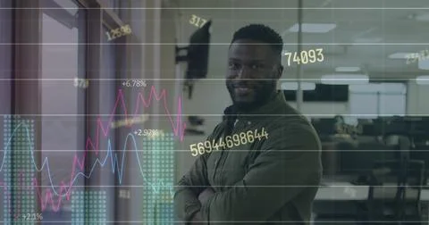 Image of statistical data processing against portrait of african american man Stock Photos