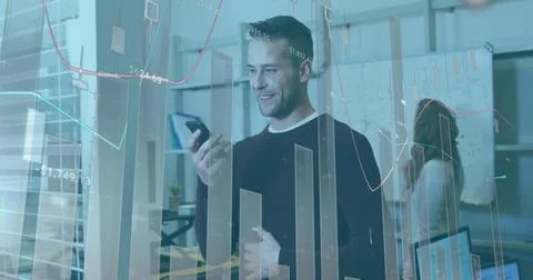 Image of statistical data processing against caucasian man talking on smartphone Stock Photos