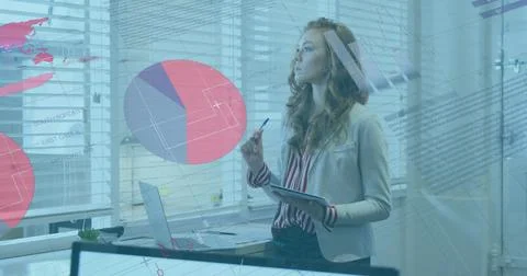 Image of statistical data processing against thoughtful caucasian woman taking Stockfoto's