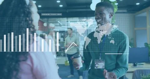 Image of statistical data processing against diverse man and woman discussing at Stock Photos