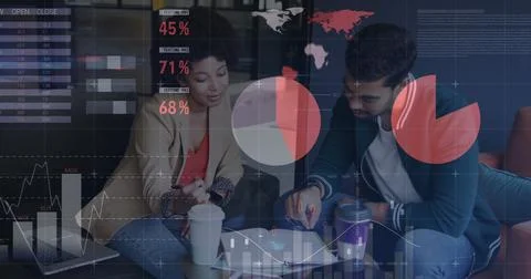 Image of statistical data processing against diverse man and woman discussing at Stock Photos