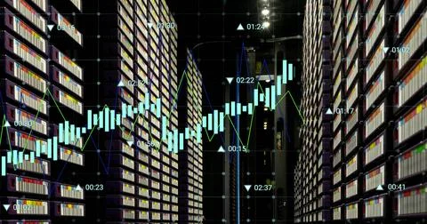 Image of statistical data processing against computer server room Foto stock