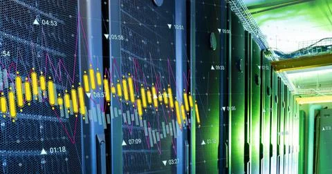 Image of statistical data processing against computer server room 스톡 사진
