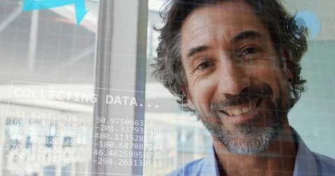 Image of statistical data processing against portrait of caucasian man smiling Stock Photos