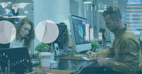 Image of statistical data processing against caucasian man taking notes at 库存照片