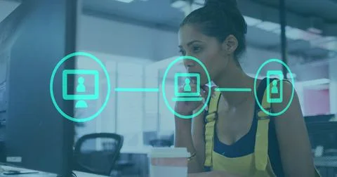 Image of statistical data processing against biracial woman using a computer at 스톡 사진