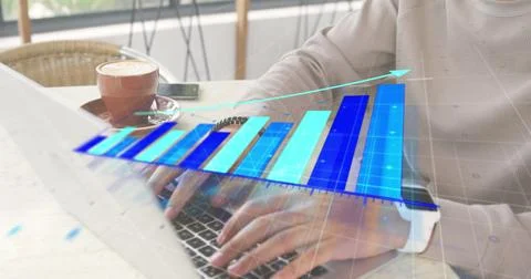 Image of statistical data processing against biracial man using laptop at a cafe 写真素材