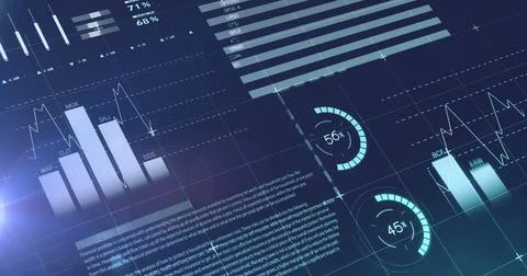 Image of statistical data processing against light spot on blue background Stock Photos