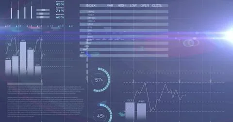 Image of statistical data processing against light spot on blue background Stock Photos
