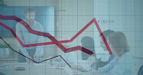 Image of statistical data processing against caucasian man discussing with Stock Photos