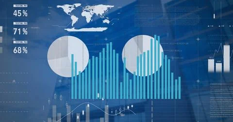 Image of statistical data processing against low angle view of tall buildings Stock Photos