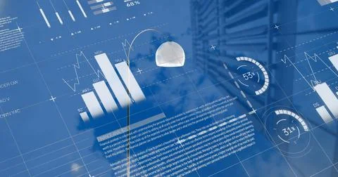 Image of statistical data processing against low angle view of tall building Stock Photos