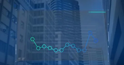 Image of statistical data processing against low angle view of tall buildings Foto stock