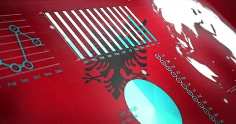 Image of statistical data processing against waving albania flag background Stock Photos